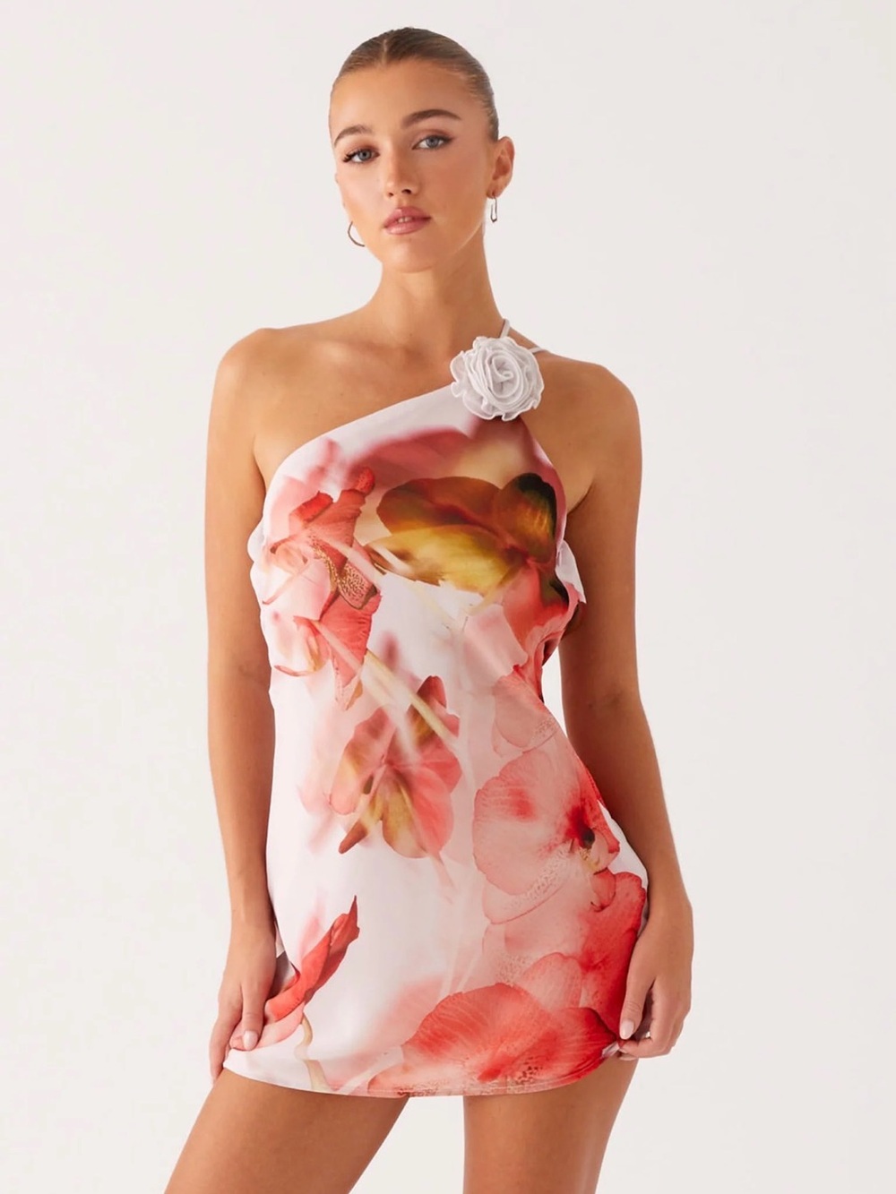 Peppermayo White One-Shoulder Mini Dress with Pink Floral Print